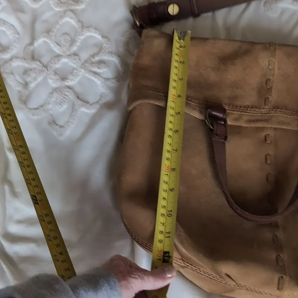 Lucky Brand Bag Vintage Tan Suede Large Tote- Fold Over Shoulder Sack Hobo Tote